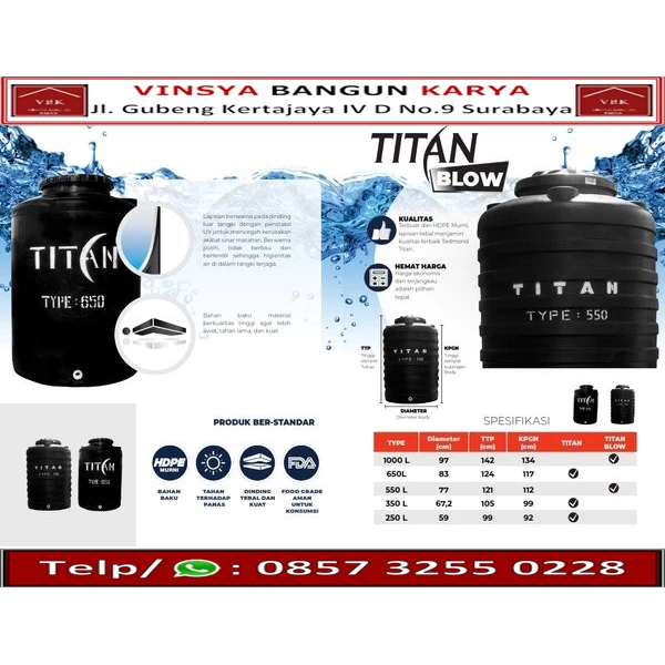 Titan Plastic Water Tank Size 550 Liter